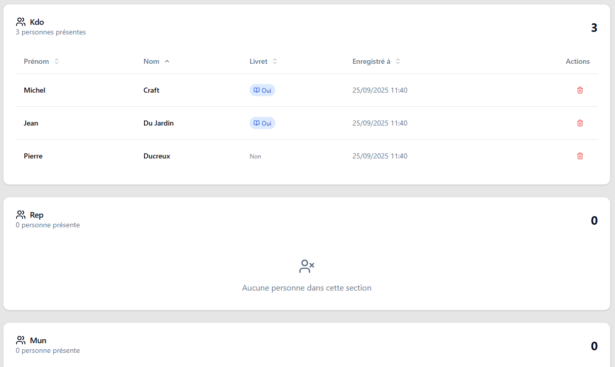 Enregistrement des présences